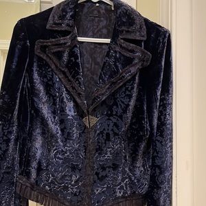 Ellie Tahari navy burnout velvet jacket, rare, beautiful, perfect condition,